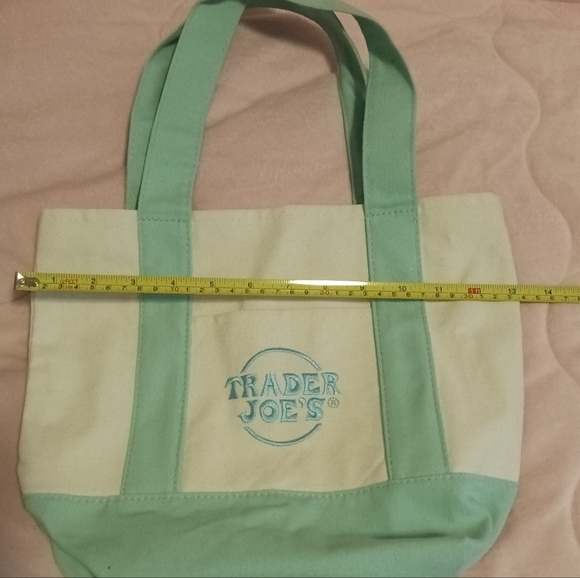 NWOT Trader Joe's Mini Pastel Canvas Tote Bag - Lavender w/Pink Embroidery - Picture 3 of 4